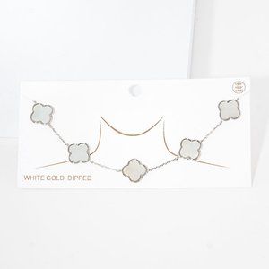 Quatrefoil Clover Necklace Station Mother of Pearl SILVER WHITE GOLD DIPPED 2439